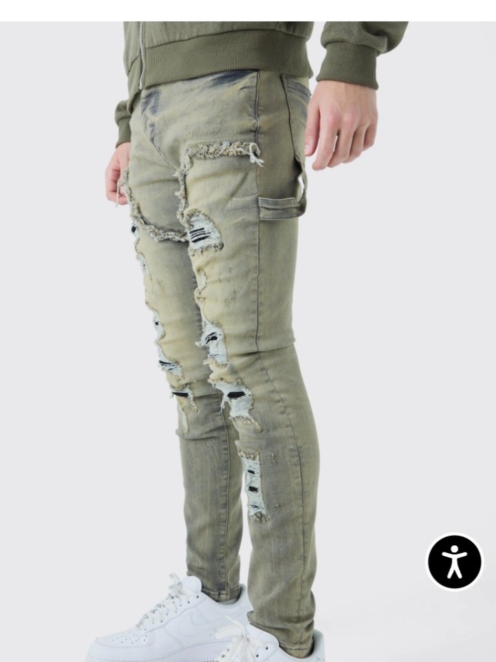 Boohoo Mens Olive Distressed Skinny Jeans - Fashionable Ripped Style